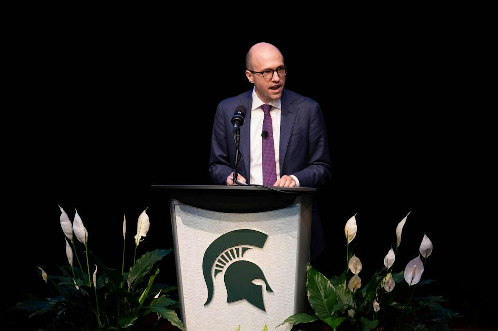 <p>A.G. Sulzberger, chairperson and publisher of The New York Times, speaks during Michigan State University’s Presidential Speaker Series at the Wharton Center Pasant Theatre in East Lansing, Mich., on Tuesday, Sept. 29, 2026. The New York Times is marking its 175th anniversary in 2026.</p>