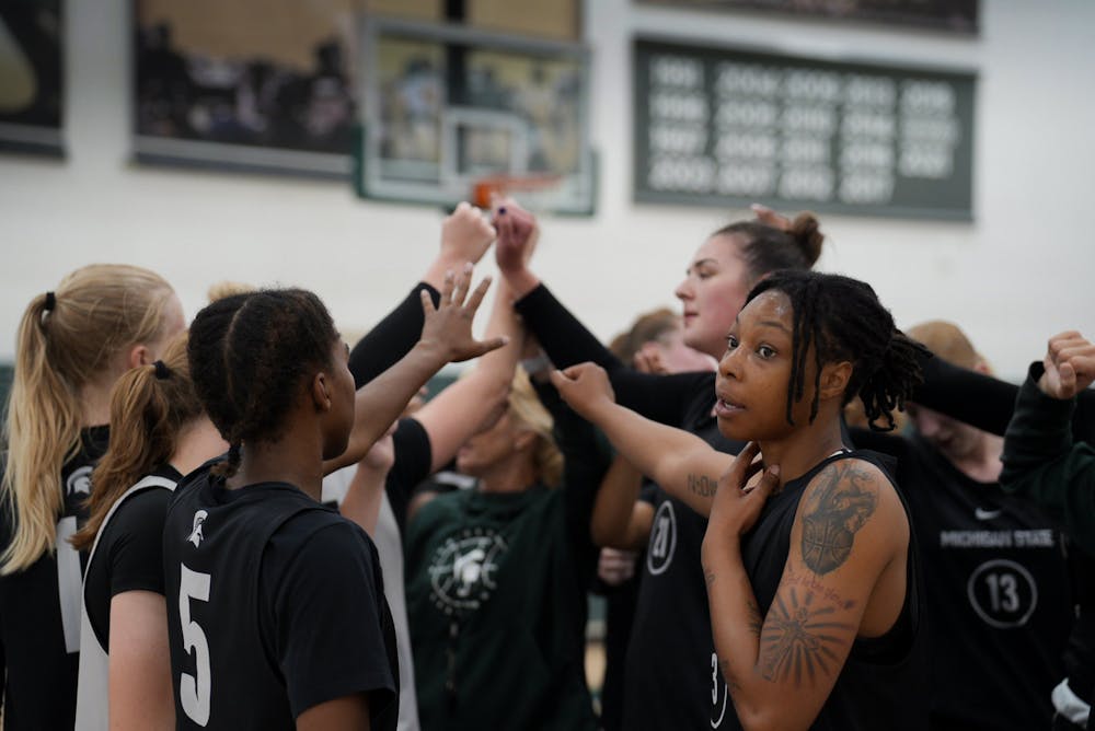 <p>The women&#x27;s basketball team huddles during practice on Sept. 28, 2022. </p>
