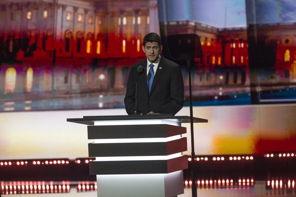 Paul Ryan speaker of the U.S. House of Representatives talks during the Republican National Convention on July 19 2016 at Quicken Loans Arena in Cleveland, Ohio.