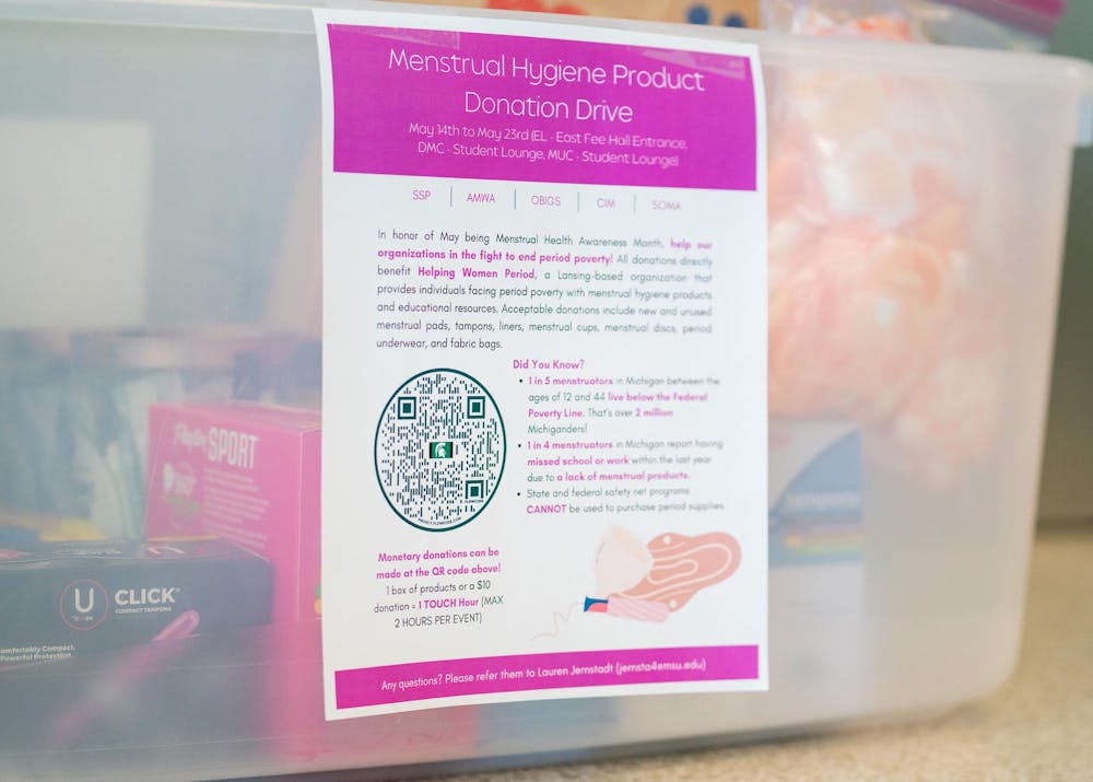 Multiple organizations on the Michigan State University campus help gather donations for their menstrual hygiene product dive at MSU on May 22, 2024.