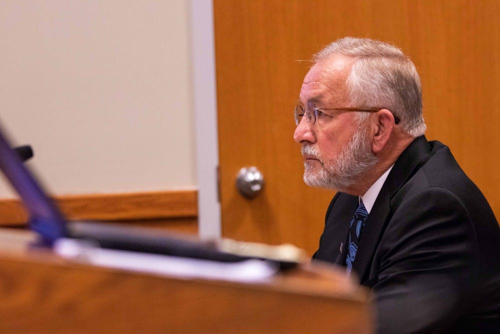 Former MSU dean William Strampel sits during his preliminary hearing  on June 5, 2018 at the 54B District Court. Strampel is charged with four criminal charges including a fourth-degree criminal sexual conduct charge and a felony count of misconduct in office.