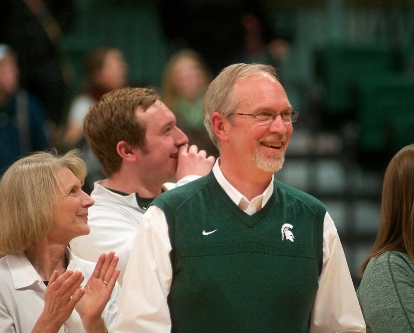 <p>Associate head coach Russ Carney is acknowledged for his projected retirement after the MSU volleyball game vs. the Purdue Boilermakers on Nov. 26, 2014, at Jenison Field House. MSU defeated the Boilermakers 3-0. Dylan Vowell/The State News</p>