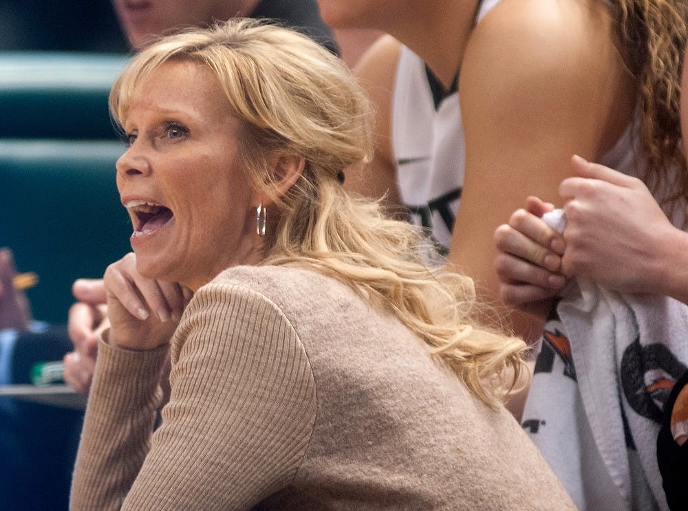 	<p>Head coach Suzy Merchant yells on Jan. 30, 2014, at Breslin Center during the game against Wisconsin. The Spartans had just scored 2 points. Betsy Agosta/The State News</p>