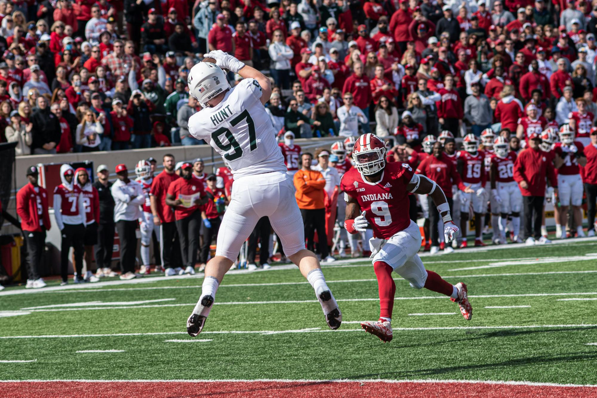<p>Redshirt senior tight end Tyler Hunt catches a throw from redshirt sophomore quarterback Payton Thorne, scoring the Spartans&#x27; lone offensive touchdown. The Spartans found a way to hold on against the Hoosiers with a 20-15 win, scraping to their first 7-0 start since 2015 on Oct. 16, 2021.</p>