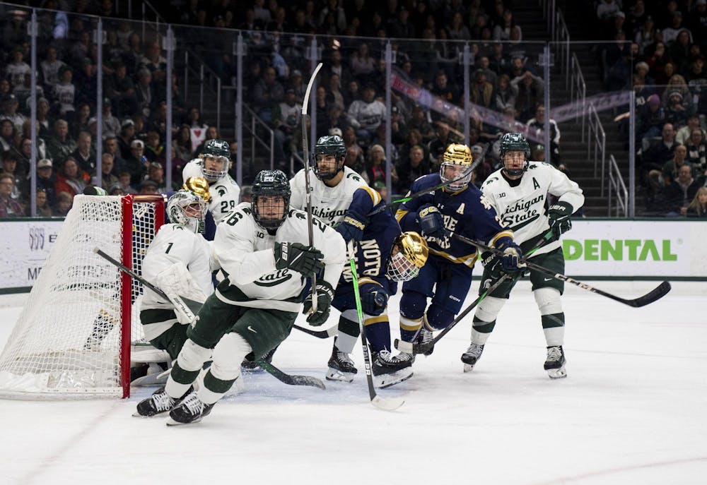 <p>Michigan State University men's hockey faces off against Notre Dame University in the Munn Ice Arena on Nov. 16. 2024. MSU won the game 4-3.</p>