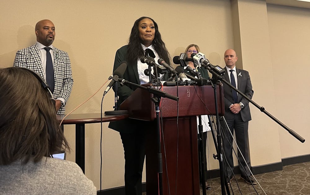 <p>Board of Trustees Chair Rema Vassar speaks at a press conference on Thursday, Feb. 16 surrounding Monday, Feb. 13's mass shooting on Michigan State University's campus.</p>