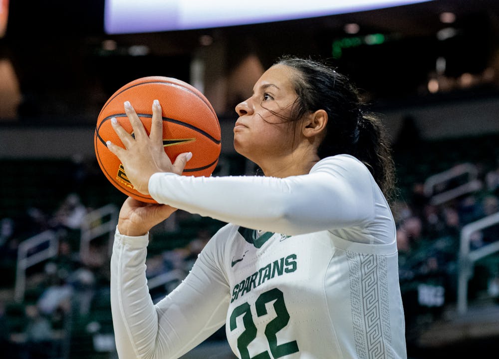 <p>Junior guard Moira Joiner shoots a three at the Breslin Center on Nov. 16, 2021. Michigan State women&#x27;s basketball took down Valparaiso 73-62, as Head Coach Suzy Merchant claimed her 500th win.</p>