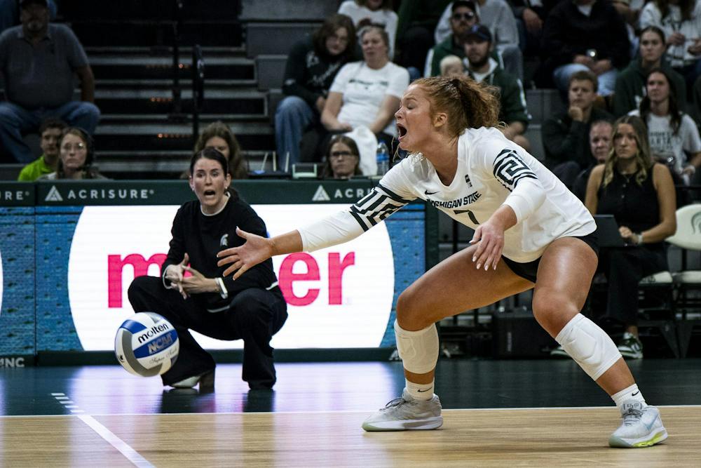 <p>Michigan State sophomore setter Malayah Long (7) reaches for the ball during a match at Breslin Center in East Lansing, Mich., on Friday, Sept. 25, 2026.</p>