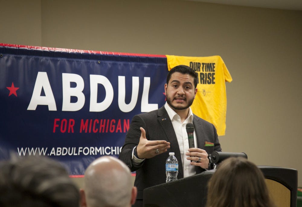 <p>Democratic gubernatorial candidate Abdul El-Sayed speaks to the audience on how he can work towards reducing climate change, on Feb. 26, 2018 at the Union.&nbsp;</p>
