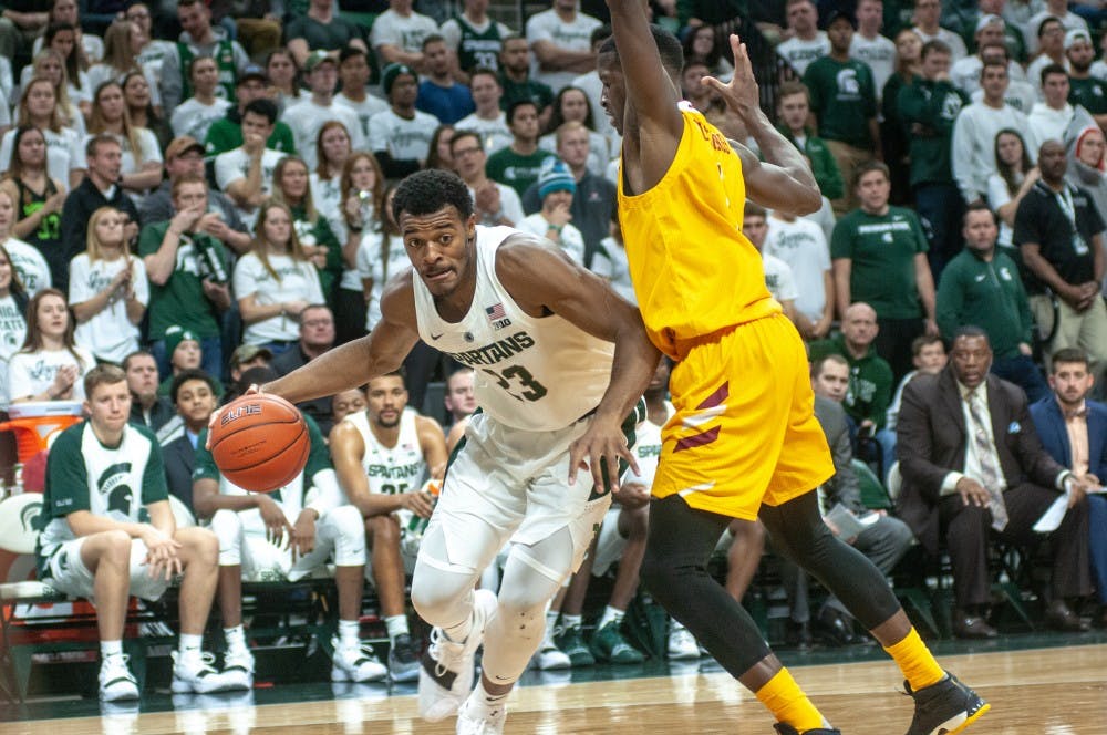 Sophomore forward Xavier Tillman (23) moves down the court during the game against University of Louisiana-Monroe at Breslin Center on Nov. 14, 2018. The Spartans defeated the Warhawks, 80-59.