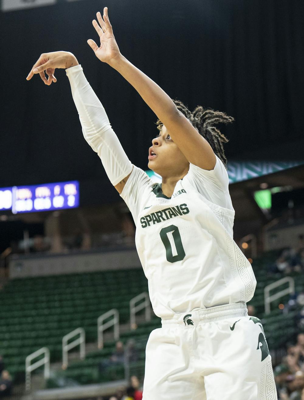 Sophomore guard DeeDee Hagemann, 0, attempts a shot during Michigan State’s game against Prairie View A&M on Tuesday, Dec. 20, 2022 at the Breslin Center. The Spartans ultimately beat the Panthers, 98-50.