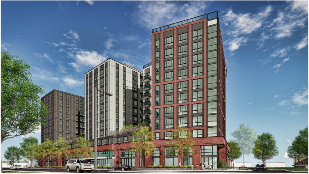 A rendering of the proposed apartment building at the corner of Grand River Avenue and Bogue Street. If approved, the 10-story mixed-use building would house up to 585 beds. Photo courtesy of the City of East Lansing