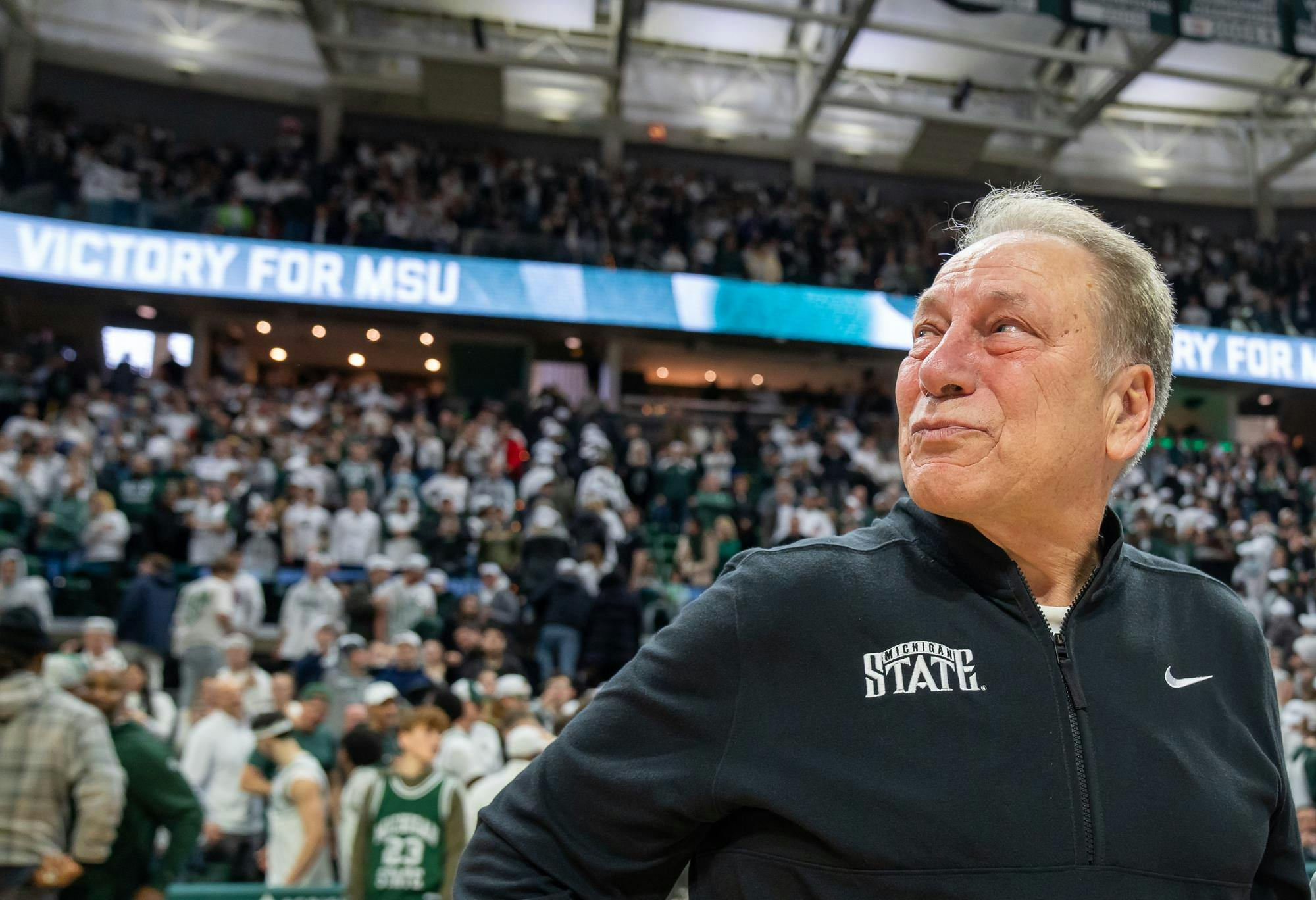 Michigan State head coach Tom Izzo looks to the scoreboard following a win against Oregon at the Breslin Center in East Lansing, Michigan on Saturday, Feb. 8, 2025. Izzo won 88-74 tying Bob Knight’s Big Ten win record. 