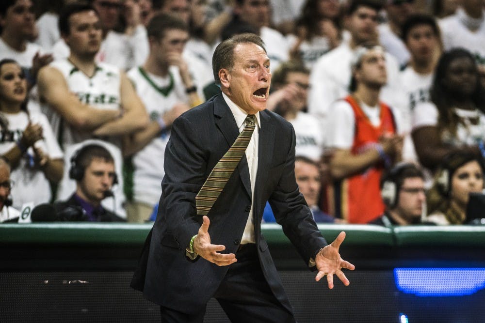 Head Coach Tom Izzo yells at the Spartans during the game against Notre Dame on Nov. 30, 2017 at Breslin Center. The Spartans took down the Fighting Irish, 81-63. 