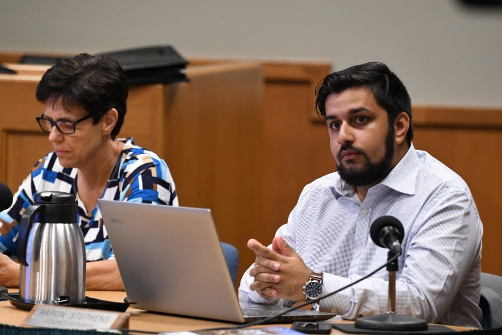 <p>Council member Aaron Stephens at the July 16 City of East Lansing Council Meeting.</p><p></p>