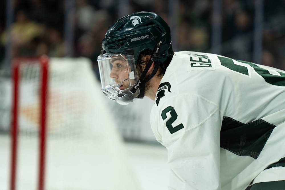 <p>Michigan State defenseman No. 2 Patrick Geary prepares for a faceoff at Munn Ice Arena in East Lansing, Michigan on Jan. 26, 2024. Michigan State secured a huge win to take a commanding lead of first in the Big Ten.</p>