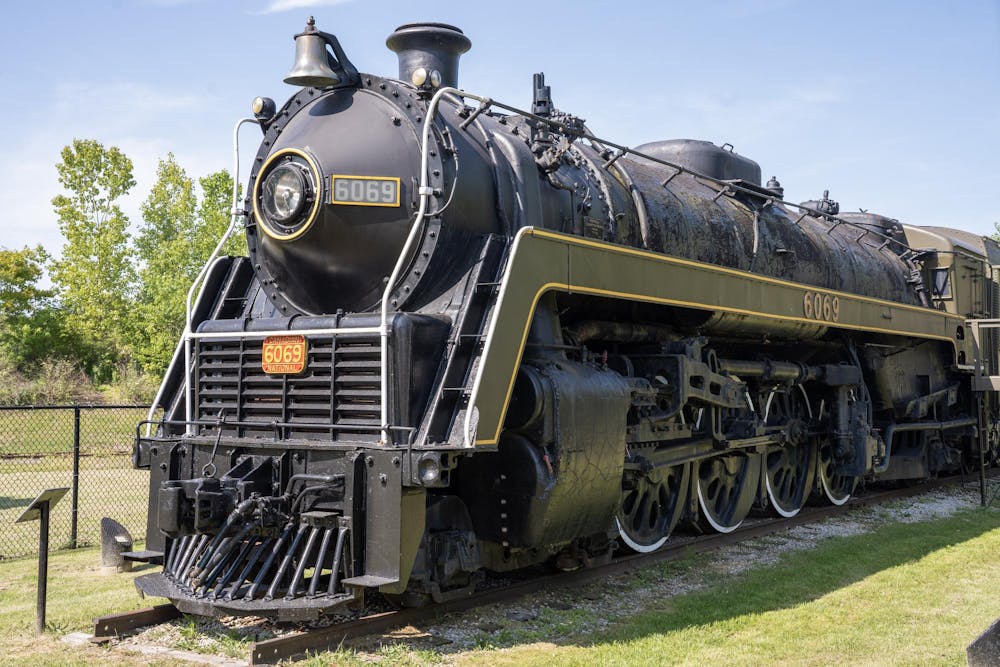 <p>Historic locomotive on display.</p>