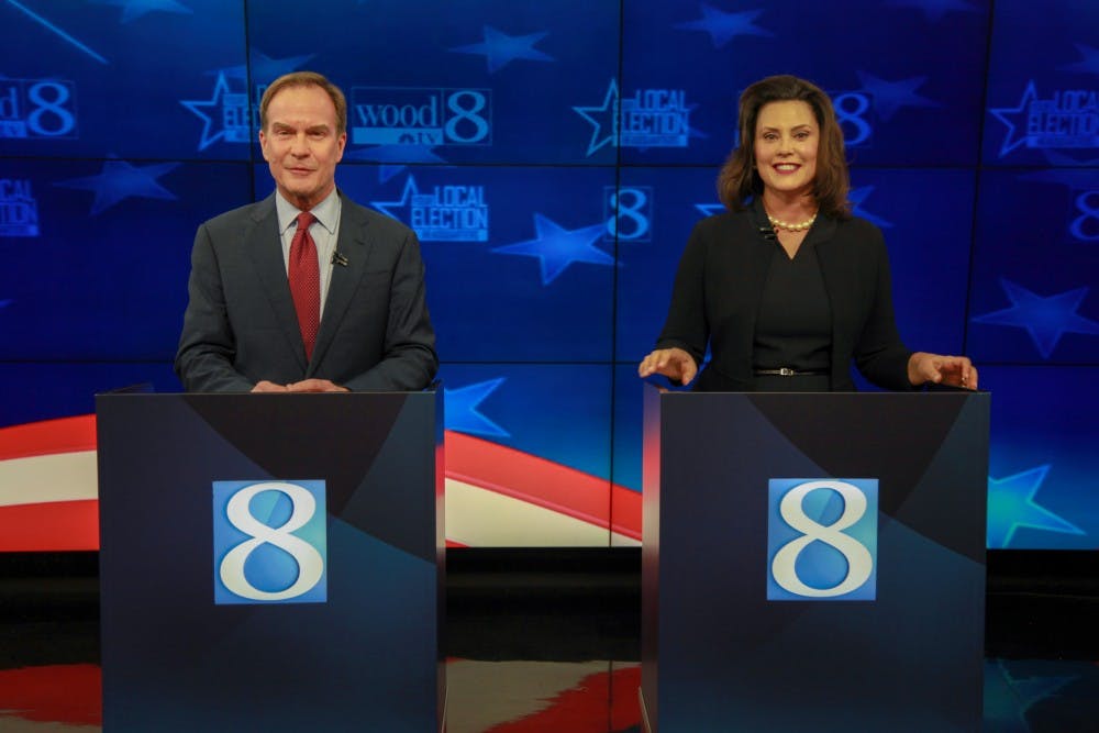 Republican gubernatorial candidate Bill Schuette, left, and Democratic candidate Gretchen Whitmer, right, debate for the first time on Oct. 12. (Courtesy photo, Nick Smith/WOOD TV8)