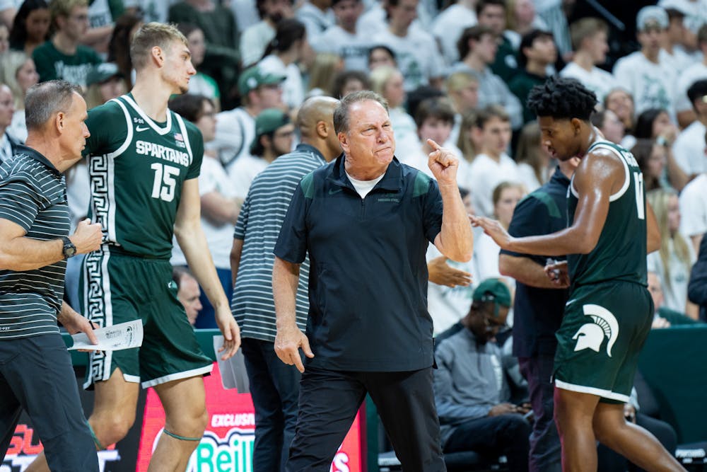<p>Michigan State Head Men's Basketball Coach Tom Izzo yells at a referee during the Spartans' 73-56 win over the Lakers on Nov. 1, 2022.</p>