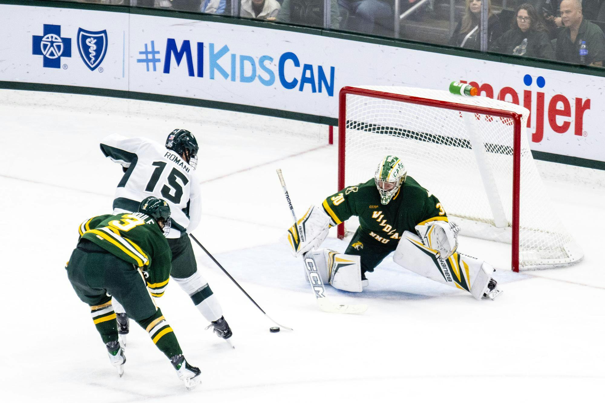 <p>Michigan State sophomore forward Anthony Romani (15) shoots a goal during the second game of a two-game series between Michigan State and Northern Michigan at Munn Ice Arena in East Lansing, Mich., on Sunday, Oct. 11, 2026.</p>