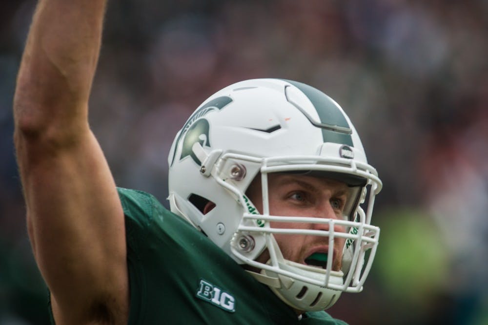 Senior tight end Matt Sokol (81) celebrates a play during the game against Ohio State at Spartan Stadium on Nov. 10, 2018. The Spartans fell to the Buckeyes, 26-6.