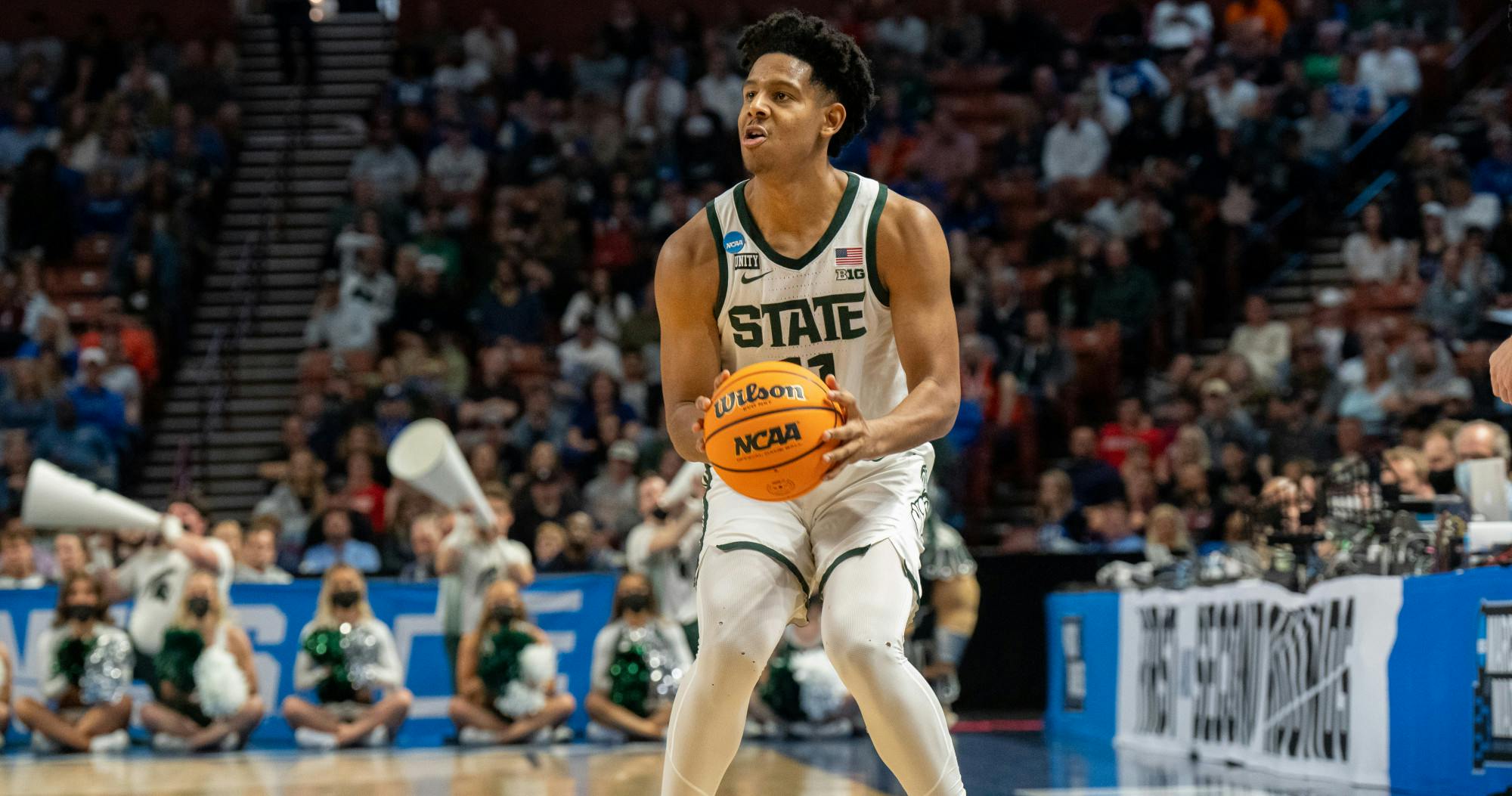 <p>Sophomore guard A.J. Hoggard (11) prepares to shoot the ball during Michigan State&#x27;s win over the Davidson Wildcats on March 18, 2022.</p>