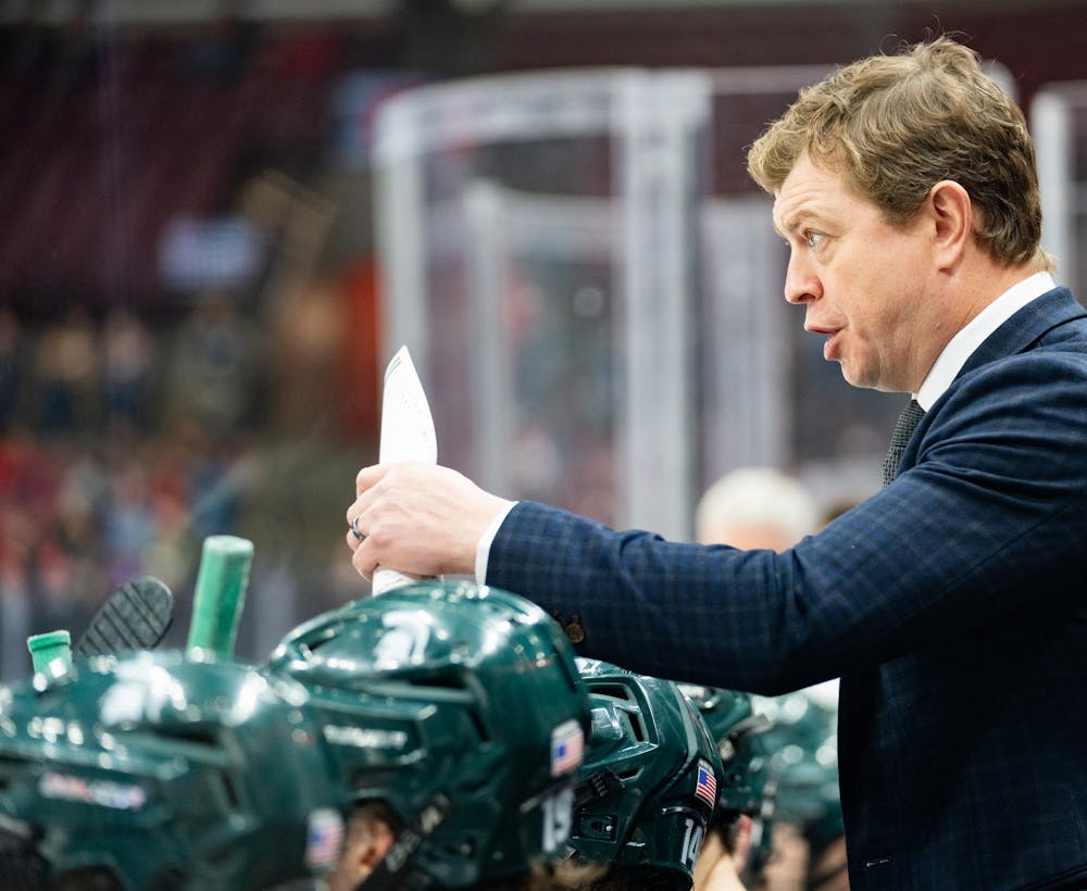 MSU Hockey Head Coach Adam Nightingale encourages the team during a game against Ohio State University at Schottenstein Center on Jan. 6, 2023. The Spartans lost to the Buckeyes with a score of 3-1. 