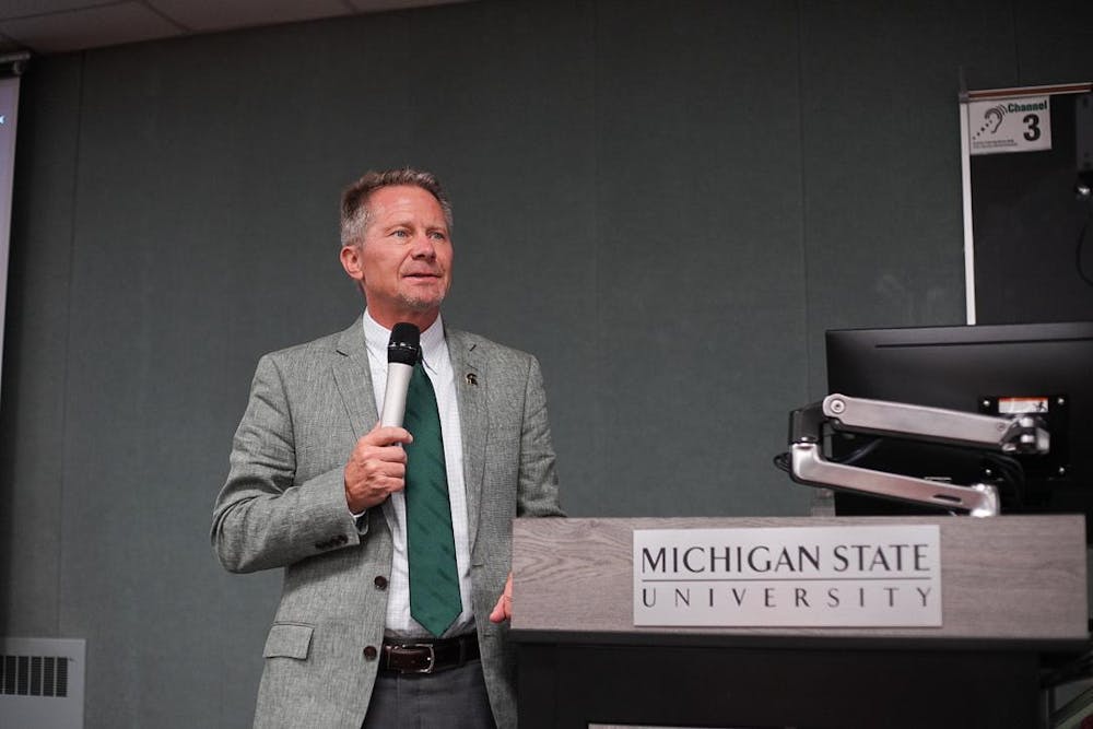 Michigan State University President Kevin Guskiewicz speaks to the Associated Students of Michigan State University (ASMSU) board about topics such as the fall 2024 class, the acts of hate on campus, and why it is important to be a student leader on Sept. 12, 2024. The ASMSU General Assembly is a legislative body of college-elected representatives from different colleges, organizations, and councils on the Michigan State University campus.