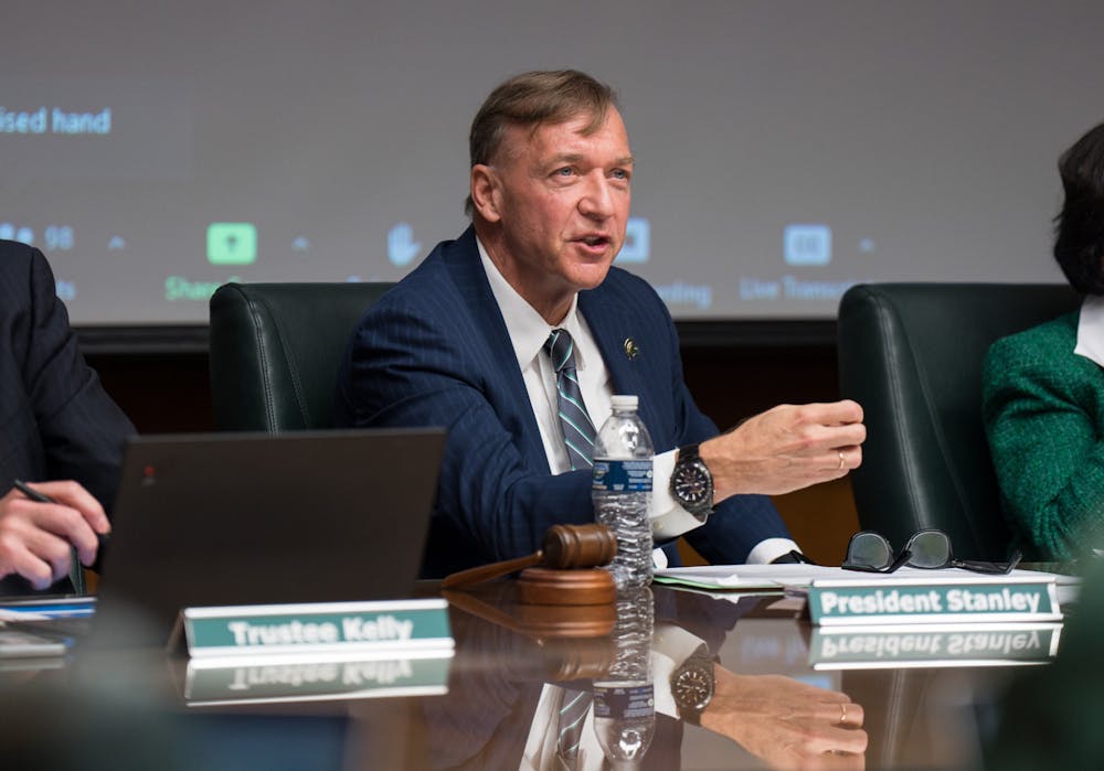 <p>Michigan State President Samuel L. Stanley commenting on research presentation. The Michigan State University Board of Trustees met in the Hannah Administration Building on April 22, 2022.</p>