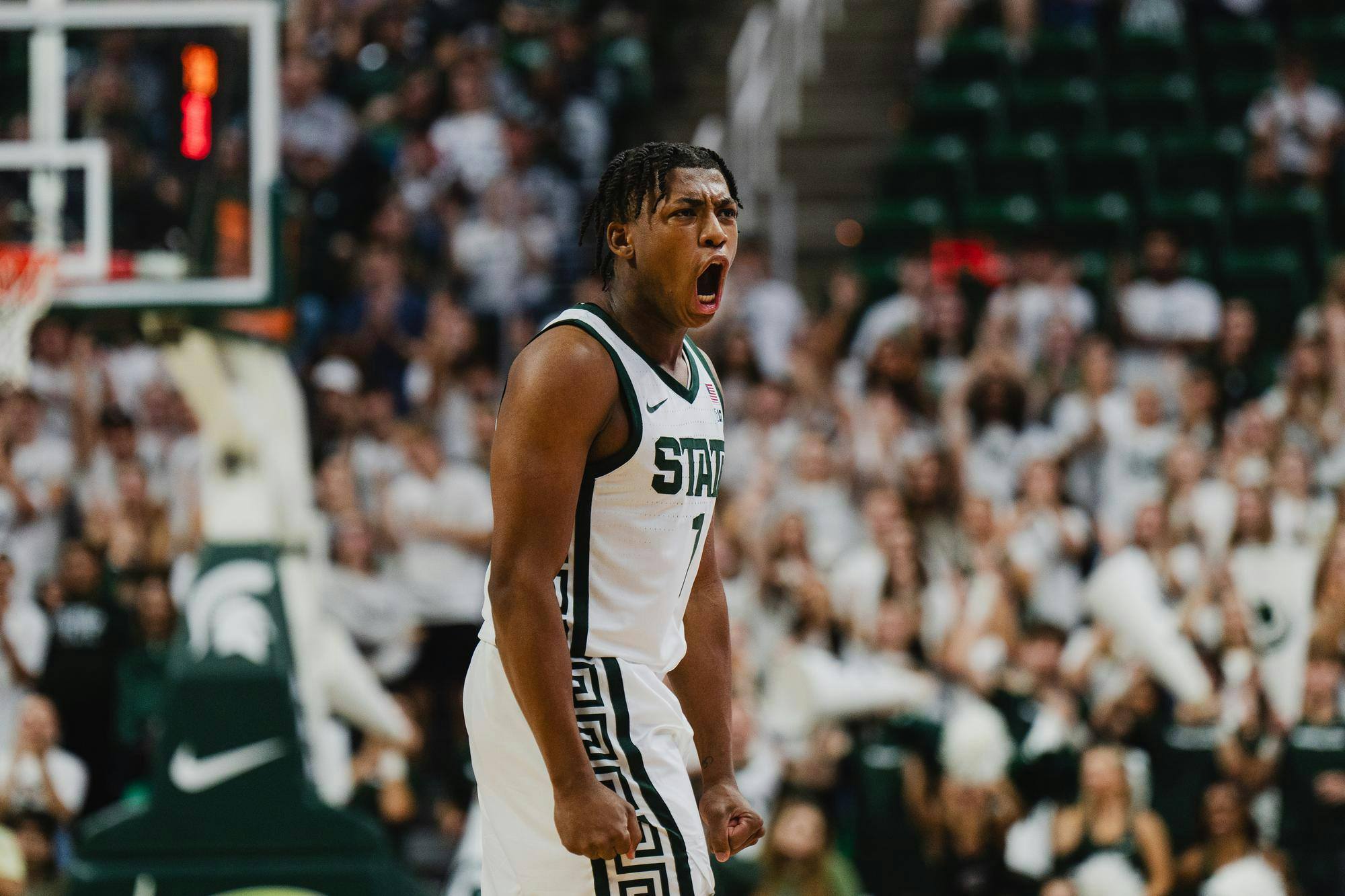 <p>MSU sophomore guard Jeremy Fears Jr. shows his emotion after a Michigan State three-point field goal during an exhibition matchup against Ferris State at the Breslin Center on Oct. 29, 2024.</p>