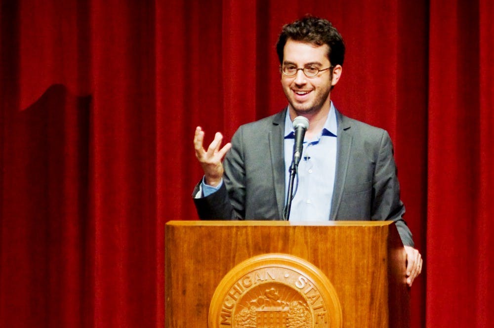 Jonathan Safran Foer, author of this year's One Book, One Community pick: "Extremely Loud and Incredibly Close," talks in front of the audience at Wharton Center Sunday night. Foer was originally scheduled to speak at the University Welcome ceremony at August 28 before being postponed until Sunday due to Hurricane Irene. Justin Wan/The State News