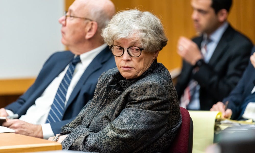 <p>Former MSU President Lou Anna K. Simon during her preliminary examination at the Eaton County Courthouse on June 11, 2019. </p>