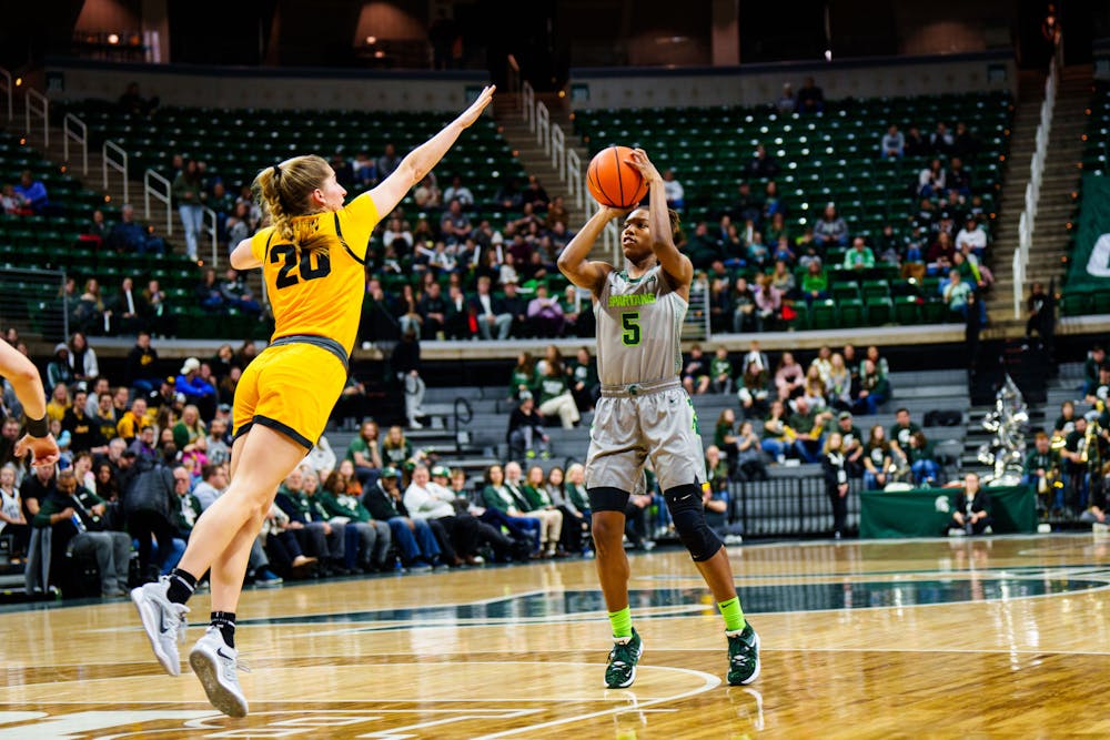 <p>Graduate Student guard Kamaria McDaniel (5) shoots a jumped during a matchup agains Iowa, held at the Breslin Center on Jan. 18, 2023. The Spartans fell to Iowa in overtime, 84-81</p>