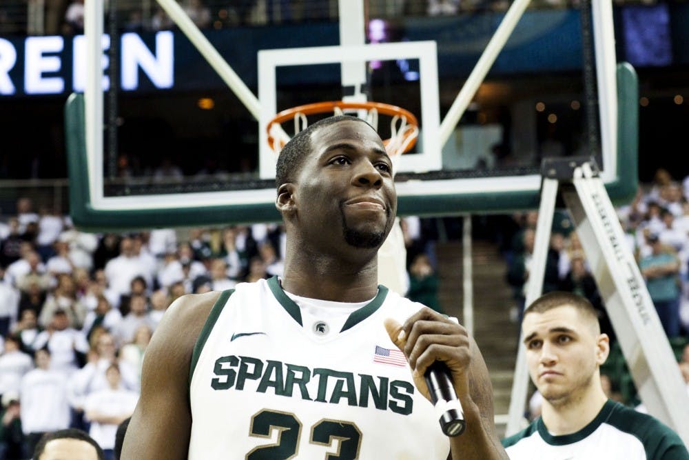 Senior forward Draymond Green prepares to address the crowd on April 3, 2012 at Breslin Center. The game against Ohio State was Green's last at Breslin Center. State News File Photo