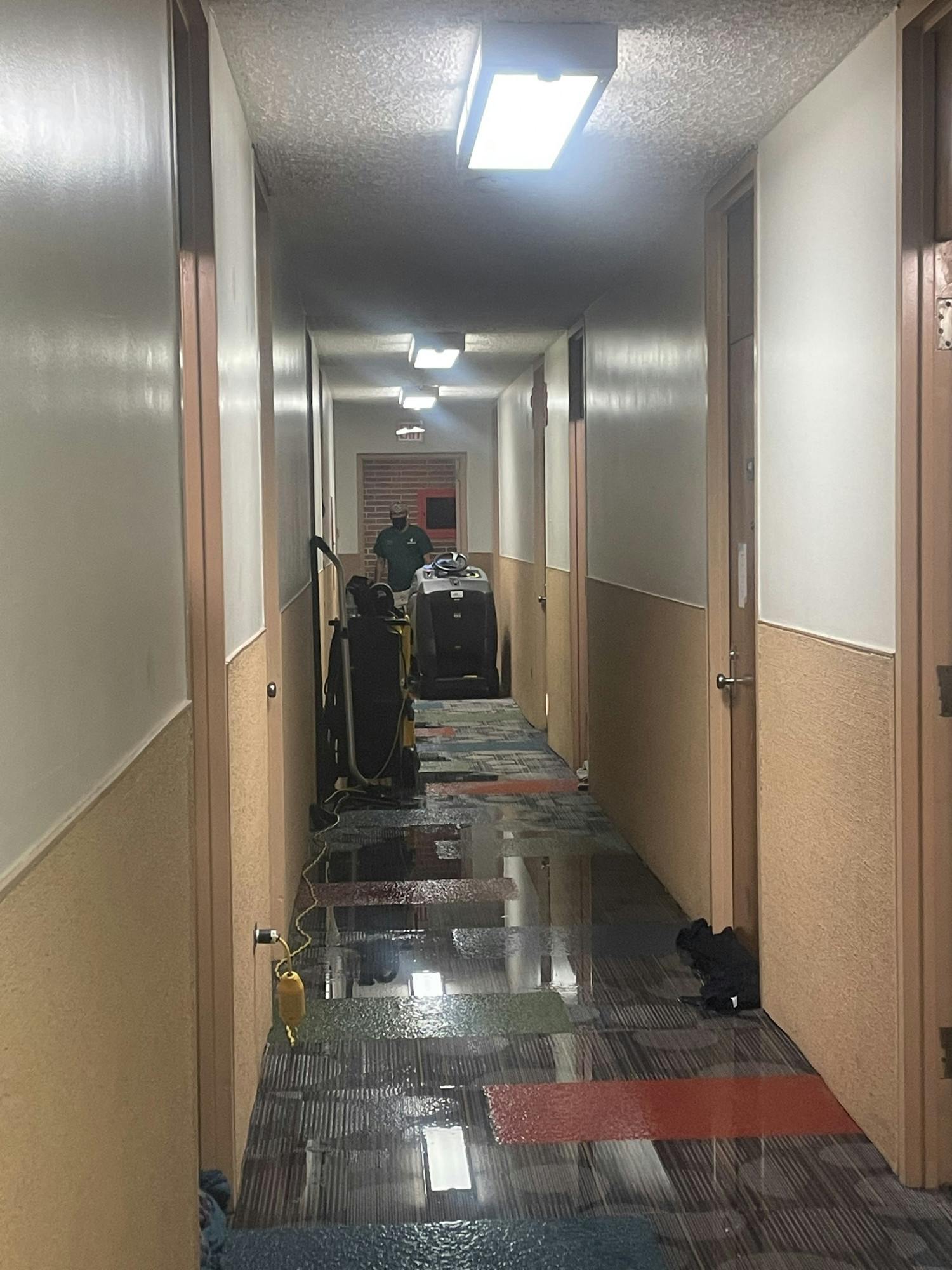 <p>Fourth floor West McDonel Hall residents awoke to find the hall completely flooded on Oct. 21. The source was a toilet in one of the rooms.</p>
