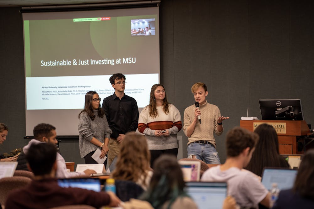 <p>The University&#x27;s Sustainable Investment Working Group speaks at the ASMSU General Assembly in the International Center on Oct. 20, 2022. </p>