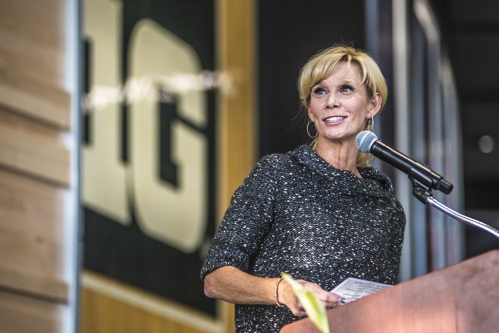 Head Coach Suzy Merchant speaks during the ceremony unveiling the Tom Izzo Hall of History on Oct. 20, 2017 at the Breslin Center. Attendees included the Board of Trustees, Lou Anna K Simon, Mark Hollis and the Skandalaris family.