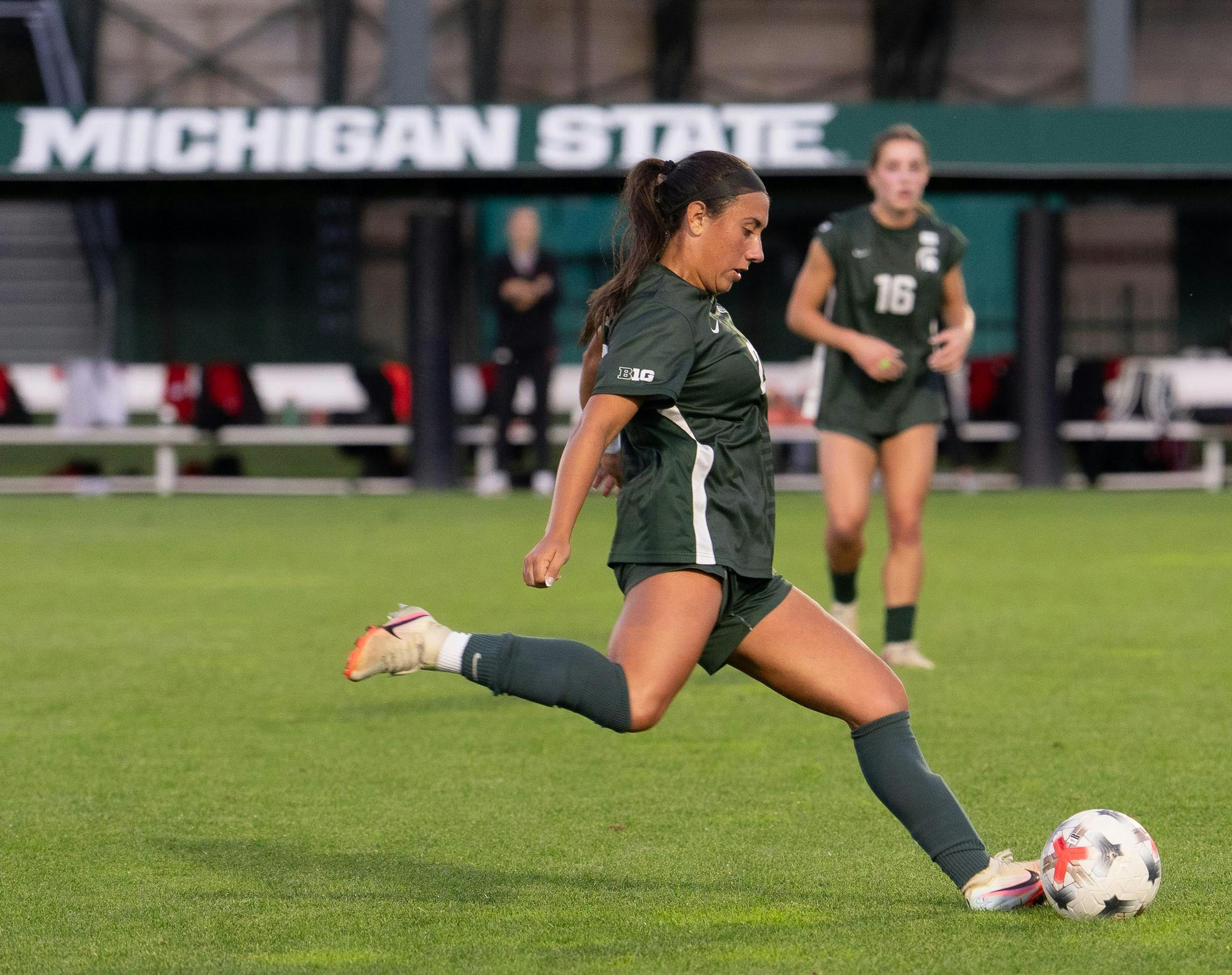 <p>Michigan State senior midfielder Bella Najera (23) takes a free kick after a foul was awarded to Michigan State at DeMartin Stadium in East Lansing, Mich., on Thursday, Sept. 24, 2026.</p>