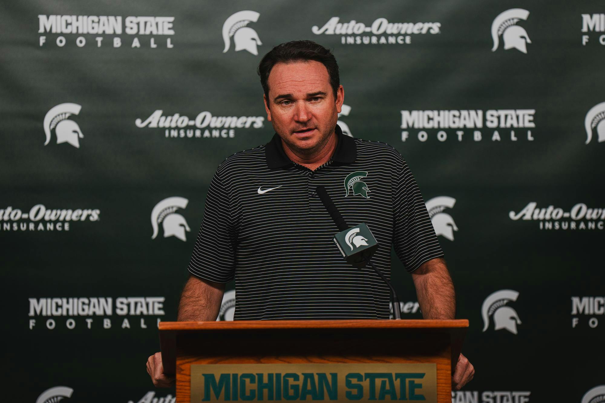 MSU football coach Jonathan Smith delivers his press conference on Monday, Sept. 23. The Spartans prepare to face off against The Ohio State Buckeyes this Saturday, looking to bounce back after a loss on the road to Boston College.