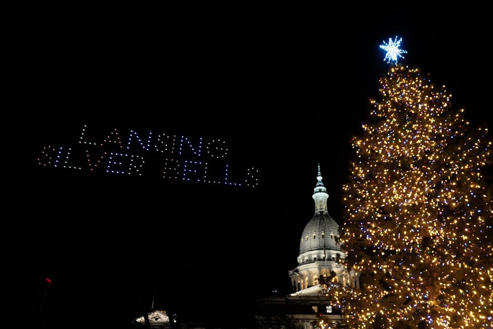 A drone show followed the tree lighting at the Lansing Silver Bells event at the Michigan State Capitol on Nov. 17, 2023. 