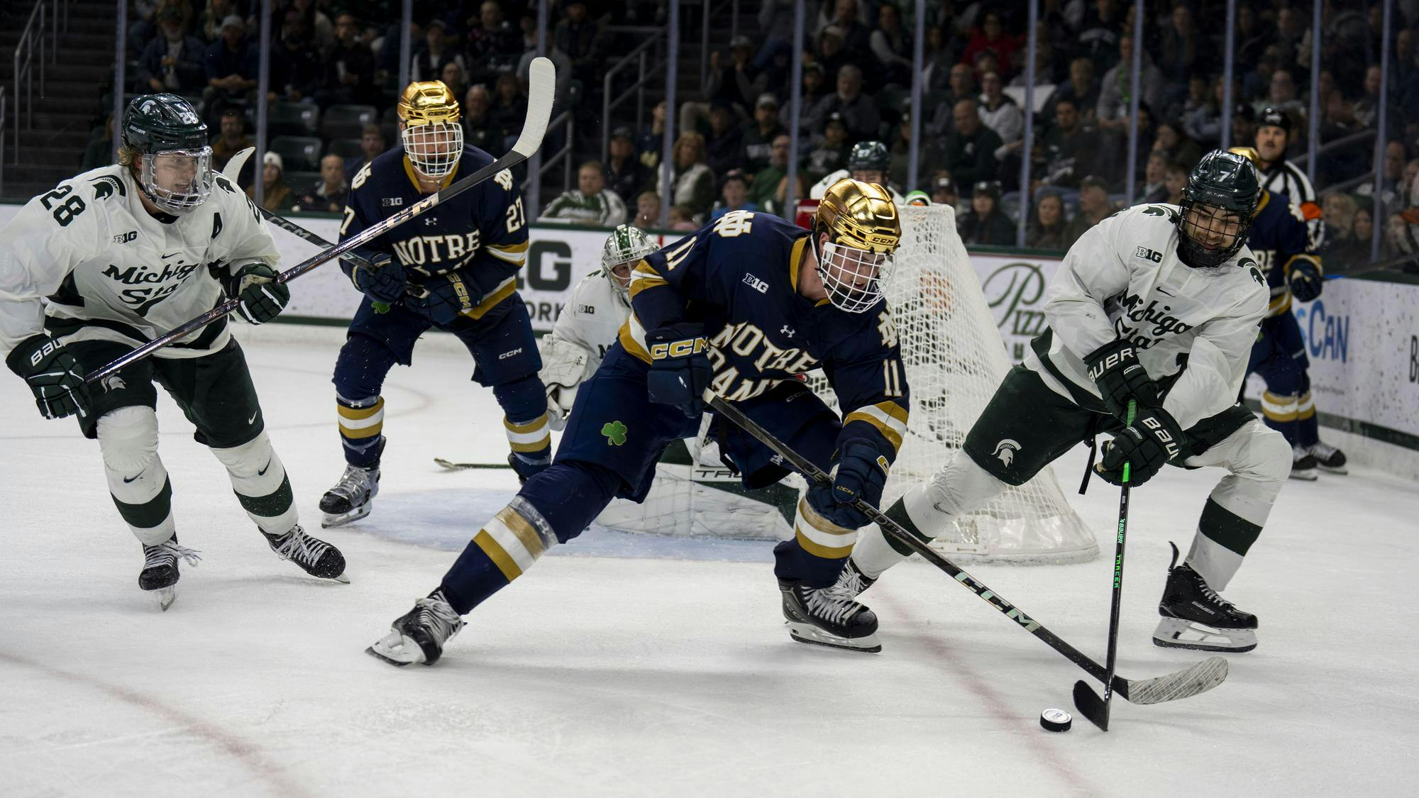 <p>Michigan State University men's hockey faces off against Notre Dame University in the Munn Ice Arena on Nov. 16. 2024. MSU won the game 4-3.</p>