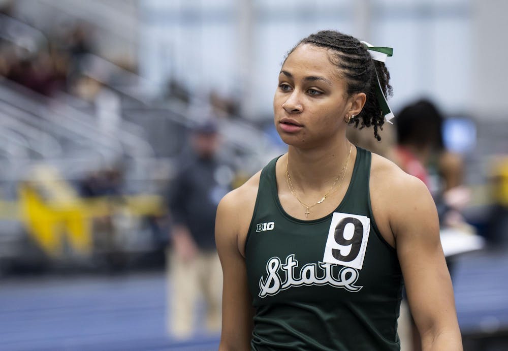 <p>A Michigan State runner walks off the track after running at the UM indoor track building in Ann Arbor, Mich. on Feb. 20, 2026.</p>