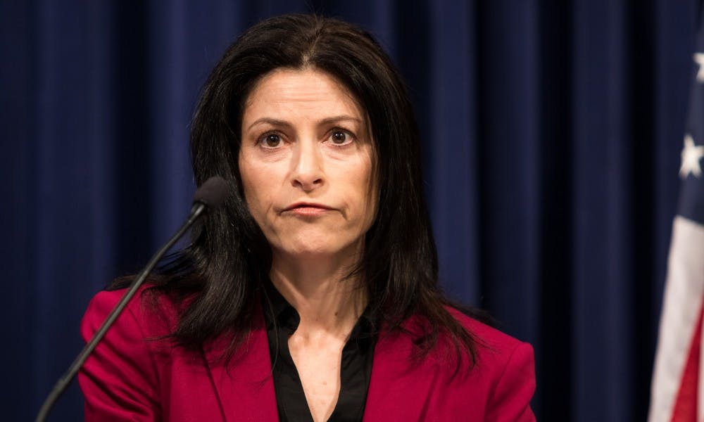 <p>Michigan Attorney General Dana Nessel speaks during a press conference at the G. Mennen Williams Building in Lansing on Feb. 21, 2019.</p>