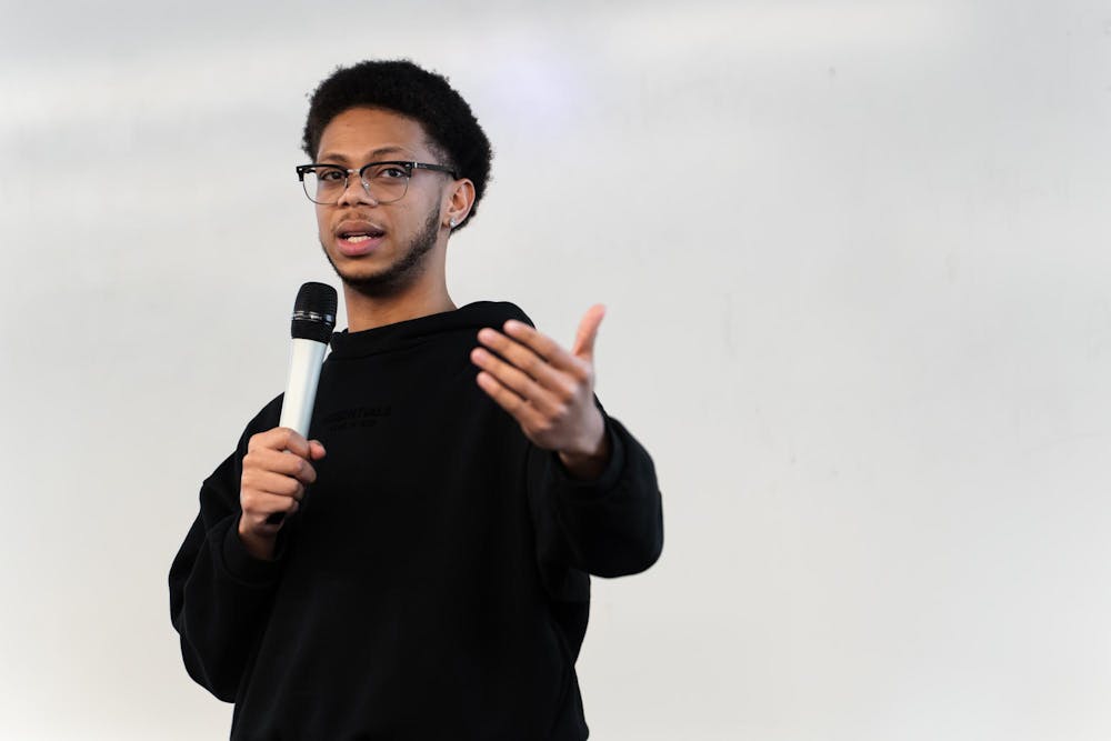 <p>ASMSU Vice President of Governmental Affairs Deontae Sparks presents to the General Assembly at the MSU International Center in East Lansing, Michigan, on Jan. 22, 2026.</p>
