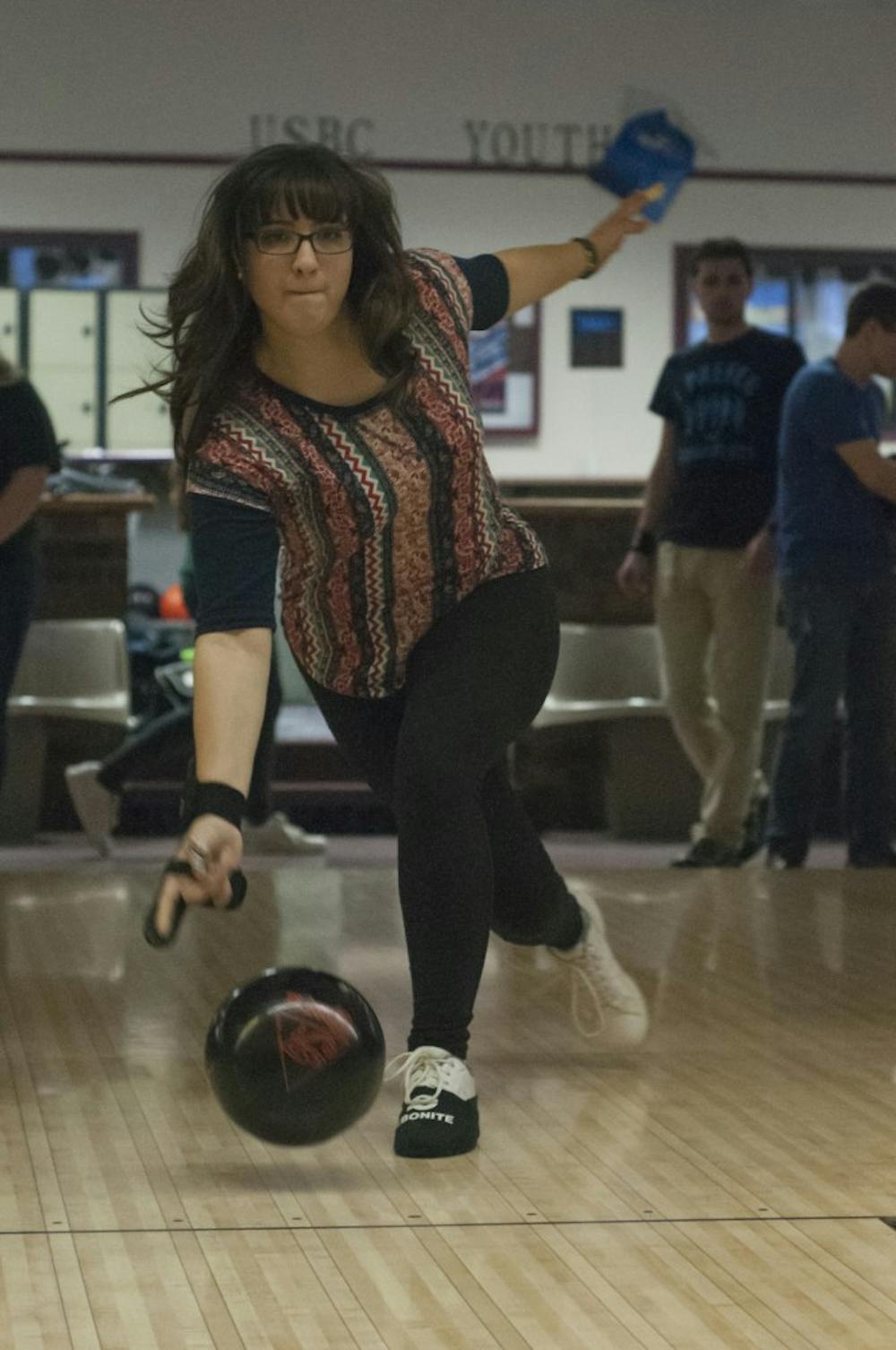 English senior Jennifer Walker throws a ball during an MSU Intercollegiate Bowling team practice on Nov. 9, 2016 at Royal Scot Golf and Bowl of Lansing. Walker said she had been bowling since her junior year of high school.