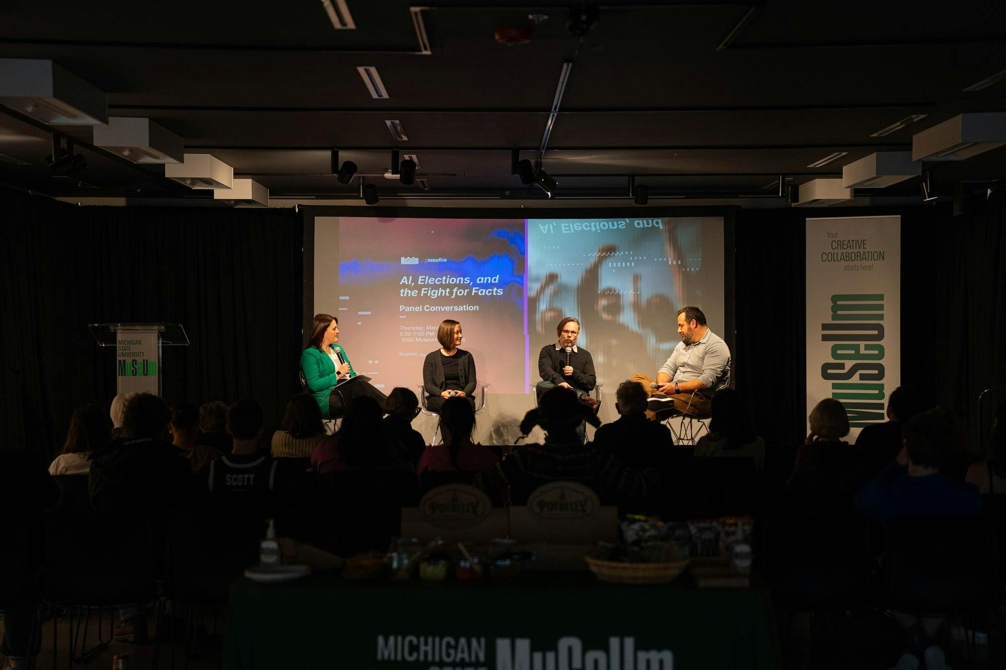 <p>Speakers enlighten the crowd during the AI, Elections, and the Fight for Facts Event at the MSU Museum in East Lansing, Michigan on Thursday, March 19, 2026. </p>
