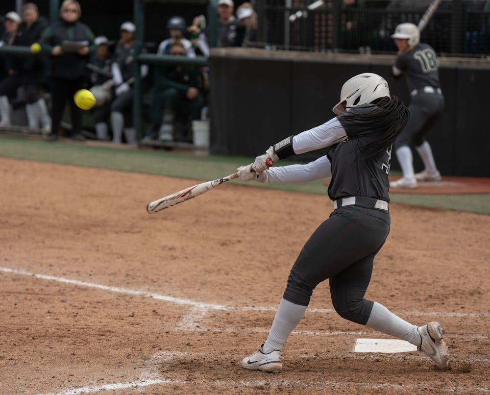 <p>Sophomore Zaquai Dumas hits the gaming win homerun giving MSU the edge in a 2-1 victory against Ohio State on April 2, 2022. </p>