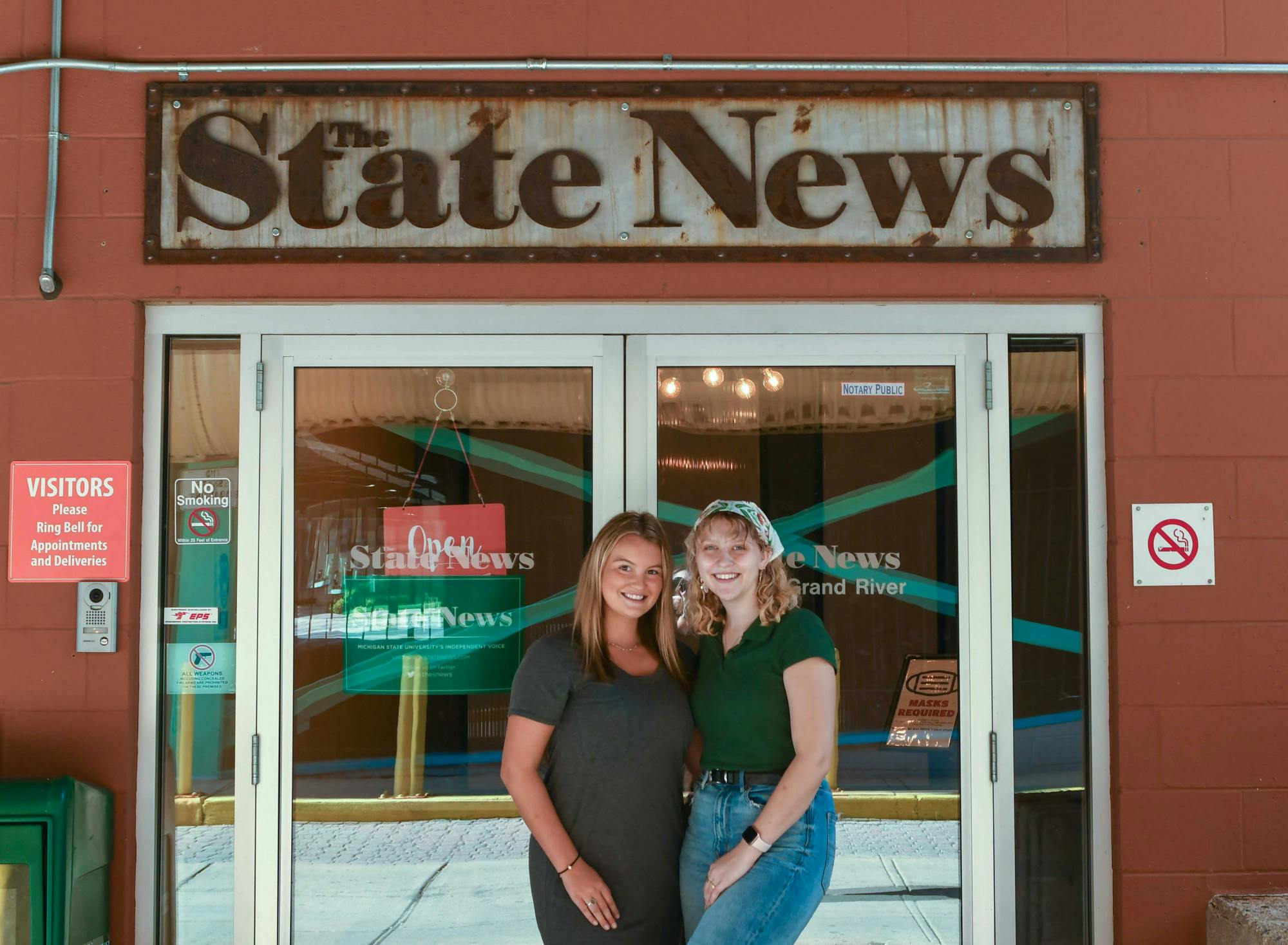 <p>Editor-in-chief Karly Graham and managing editor Jayna Bardahl in front of The State News. Shot on Aug. 30, 2021. </p>