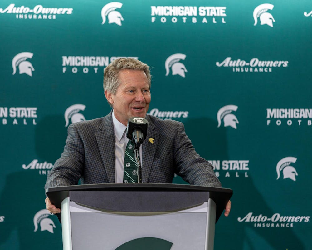 MSU President Kevin Guskiewicz talks to the crowd in the Tom Izzo football building in East Lansing, MI on Dec. 2, 2025.