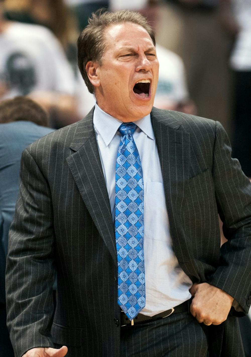 <p>Head coach Tom Izzo yells from the sidelines Tuesday, Nov. 20, 2012, at Breslin Center. The MSU basketball team defeated Boise State, 74-70, to improve the Spartan's record to 3-1. Adam Toolin/The State News</p>